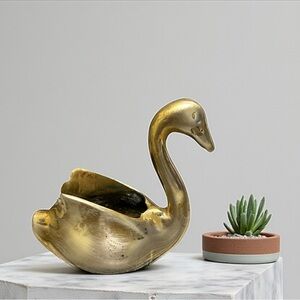Vintage Small Brass Swan Planter Vase